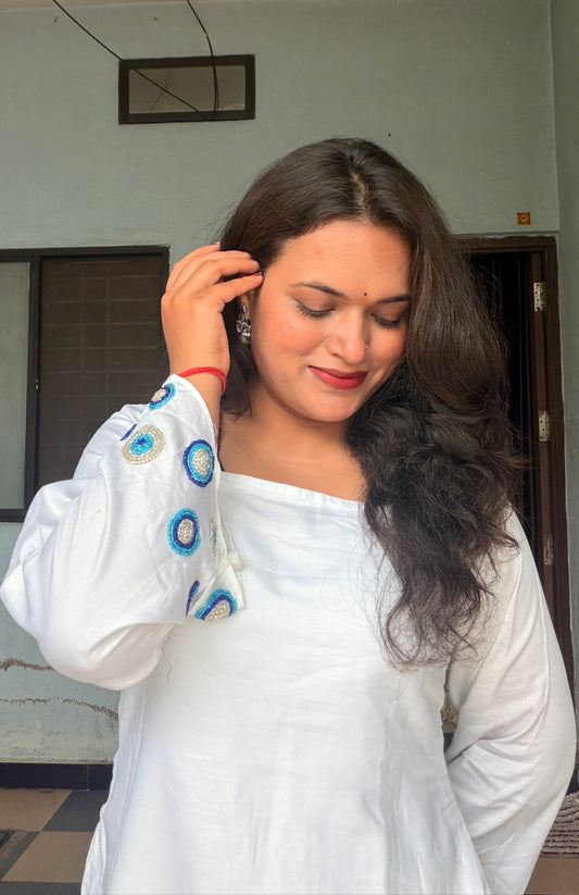Nazar – Handcrafted Cotton Short Kurti (white)