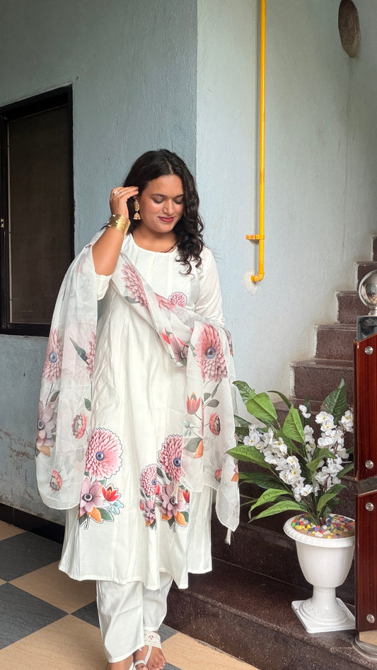 Floral White Anarkali Kurta Set