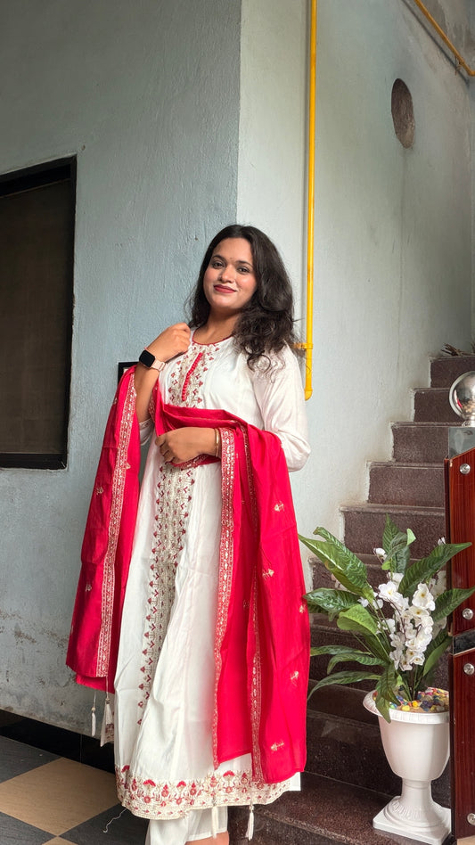 White and Rani Pink Anarkali & Dupatta